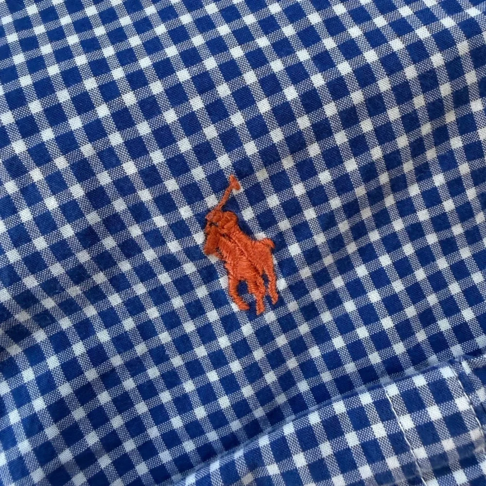 Ralph Lauren Boys Blue Gingham Button Down Shirt Large 14-16 Orange Pony Logo